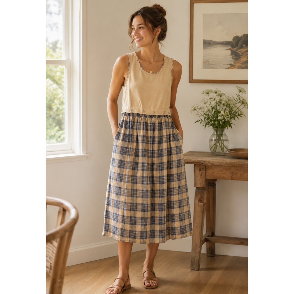 Paquette Vintage Women's Cottagecore Plaid Skirt/Top/Dress Button Accents Sz M
